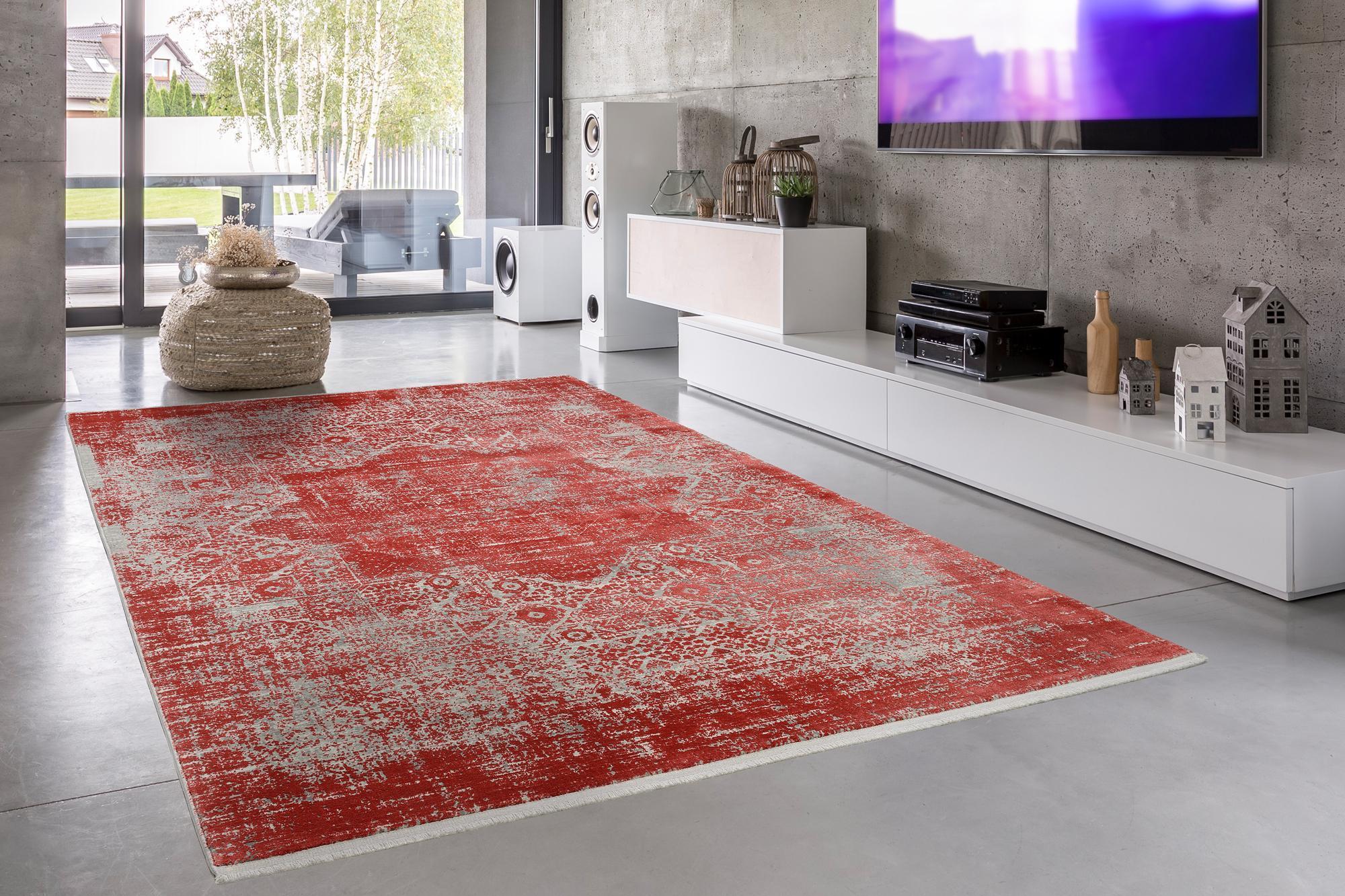 Schlafzimmer Teppich Manhattan 02 Rot aus 70% Viskose, 30% Polyacryl, in der Farbe Rot | Homerugs - Draufsicht