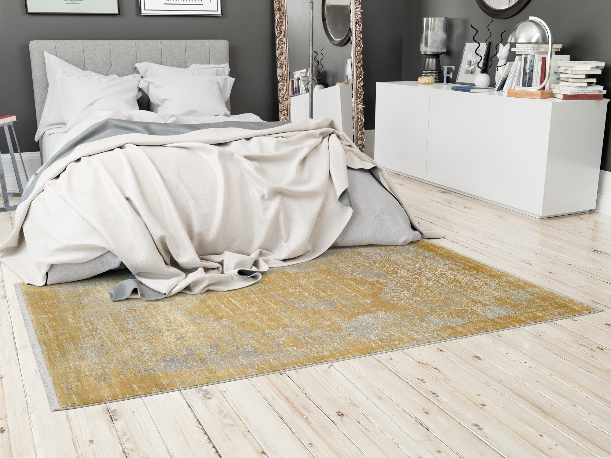 Schlafzimmer Teppich Manhattan 02 Gold aus 70% Viskose, 30% Polyacryl, in der Farbe Gold | Homerugs - Detailsicht (6)